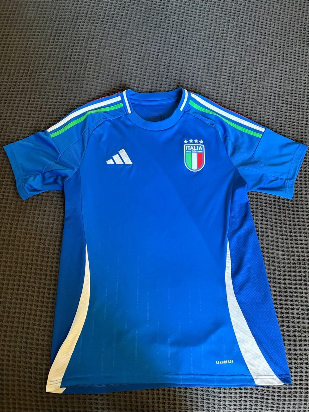 adidas men’s M Blue Italy Soccer Jersey with White & Green Trim